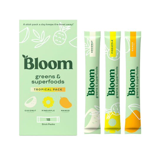 Pre-Order | Arrives in 5–10 Days – 
Bloom Nutrition Superfood Greens Powder Stick Packs, Digestive Enzymes with Probiotics and Prebiotics, Gut Health, Bloating Relief for Women, Chlorella, Green Juice Mix, 18 SVG, Tropical Variety