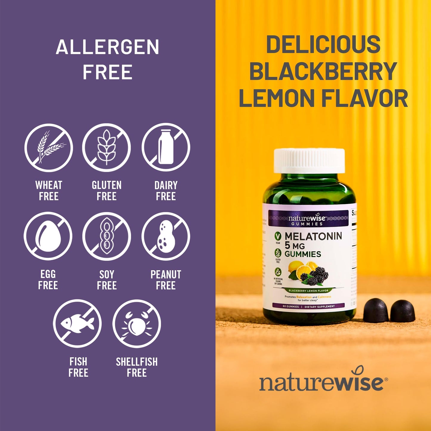 NatureWise Melatonin Gummies 5mg - Non-Habit Forming Sleep Support Supplement with Ashwagandha, Valerian Root - BlackBerry-Lemon Flavor - Vegan, Gluten Free, Non-GMO - 60 Count[30-Day Supply]