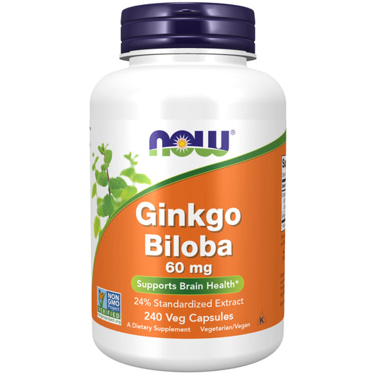 Pre-Order | Arrives in 5–10 Days – NOW Foods Supplements, Ginkgo Biloba 60 mg, 24% Standardized Extract, Non-GMO Project Verified, 240 Veg Capsules