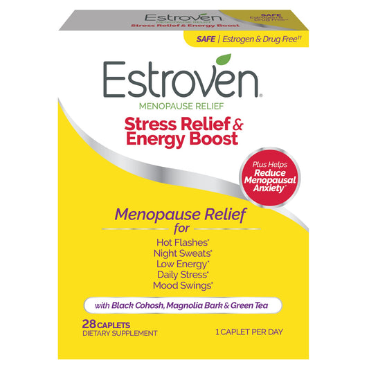 Pre-Order | Arrives in 5–10 Days – Estroven Stress Relief & Energy Boost for Menopause Relief - 28 Ct. - Clinically Proven Ingredients Provide Stress & Energy Support + Night Sweats & Hot Flash Relief - Drug-Free and Gluten-Free