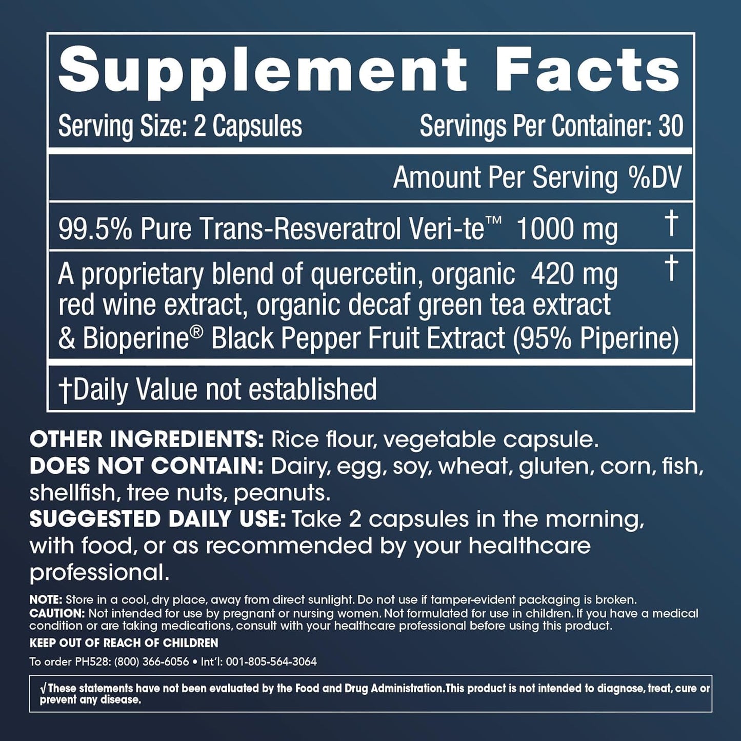 ProHealth Resveratrol 1000mg | Pure Trans-Resveratrol | Plus Quercetin, Red Wine & Green Tea Extract | Clinically Studied to Support Cellular Health, Memory, Healthy Aging | 60 Capsules