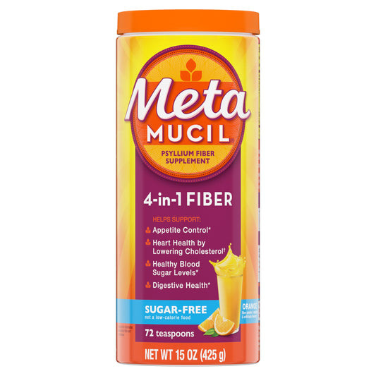 Metamucil 4 in 1 Daily Fiber Supplement Powder, Fiber Powder for Digestive Health and Regularity*, Sugar-Free, Orange, Naturally Sourced Psyllium Fiber, 72 teaspoons