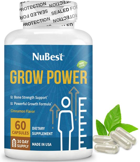 NuBest Grow Power - Bone Strength Supplement with Calcium, Magnesium, Vitamin D3, Zinc for Age 10+ - Helps Bone Health, Brain Growth, Immunity - Free of Growth Hormone - 60 Capsules