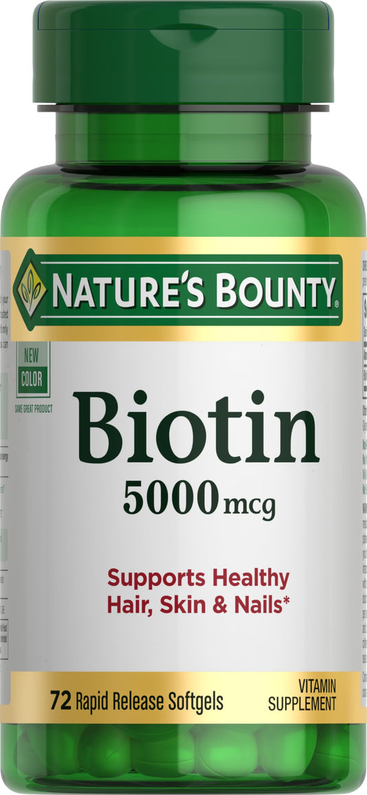 Nature's Bounty Biotin, Supports Metabolism for Cellular Energy and Healthy Hair, Skin, and Nails, 5000 mcg, 72 Softgels