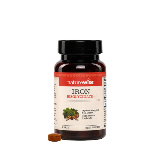 NatureWise Vegan Iron Supplement for Women & Men - Gentle on Stomach High Absorption - Coated Iron Bisglycinate Tablets + Vitamin C, Methyl B12, Folate & Organic Food Blend - 90 Tablets[90-Day Supply]