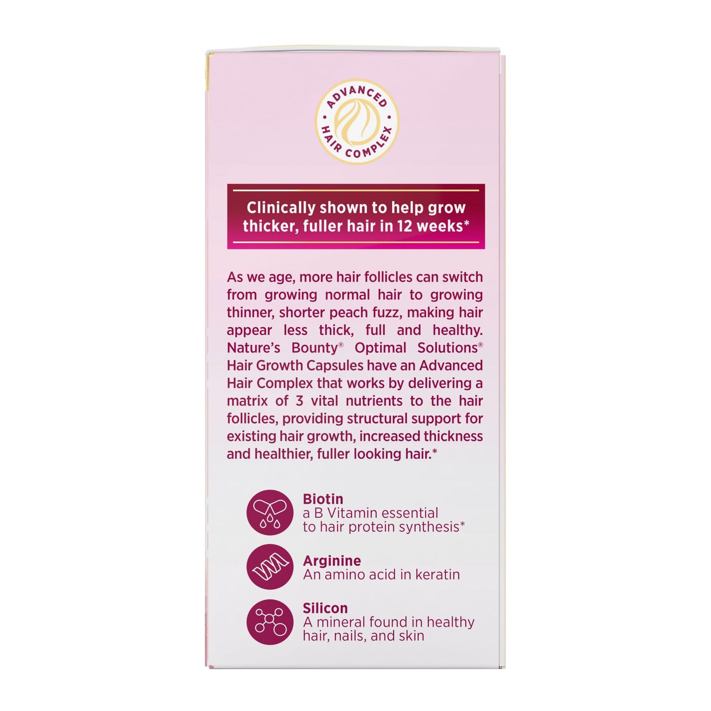Nature's Bounty Optimal Solutions Hair Growth Supplement, Clinically Shown to Support Thicker, Fuller Hair, With Biotin, Silicon & Arginine, 30 Capsules, One-Month Supply