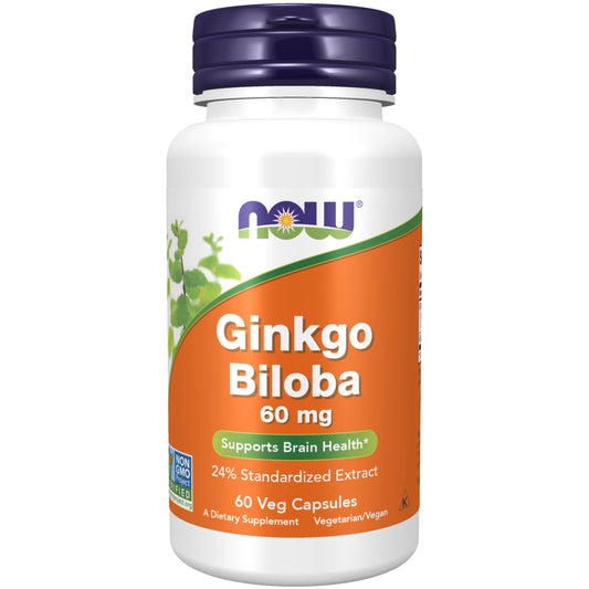 NOW Foods Supplements, Ginkgo Biloba 60 mg, 24% Standardized Extract, Non-GMO Project Verified, 60 Veg Capsules