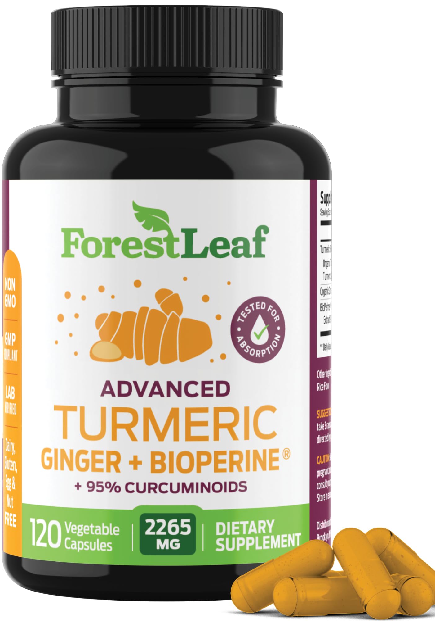 Organic Turmeric Supplement Extra Strength 2265mg - Turmeric Curcumin Supplement w/BioPerine Black Pepper - Tumeric and Ginger Supplements, 95% Curcuminoids, Supports Immune & Joint Health, 120 Caps