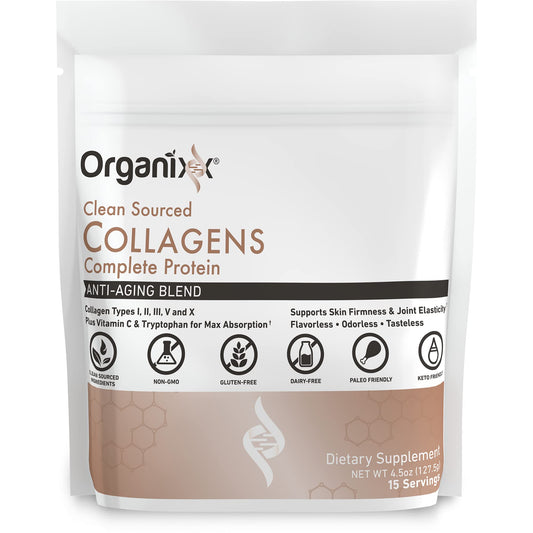 Organixx Collagen Peptides Powder with Vitamin C, Types I, II, III, V, X Hydrolyzed Collagen, Hair, Nail, Skin, Bone & Joint Health, Aging Support, Clean Sourced, Gluten Free, Unflavored, 15 Servings