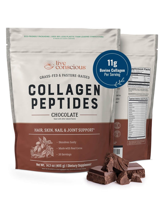 Live Conscious Collagen Peptides Powder - Chocolate Collagen Powder - Hair, Skin, Nail, and Joint Support - Type I & III Grass-Fed Collagen Supplements for Women and Men - 30 Servings - 14.3oz