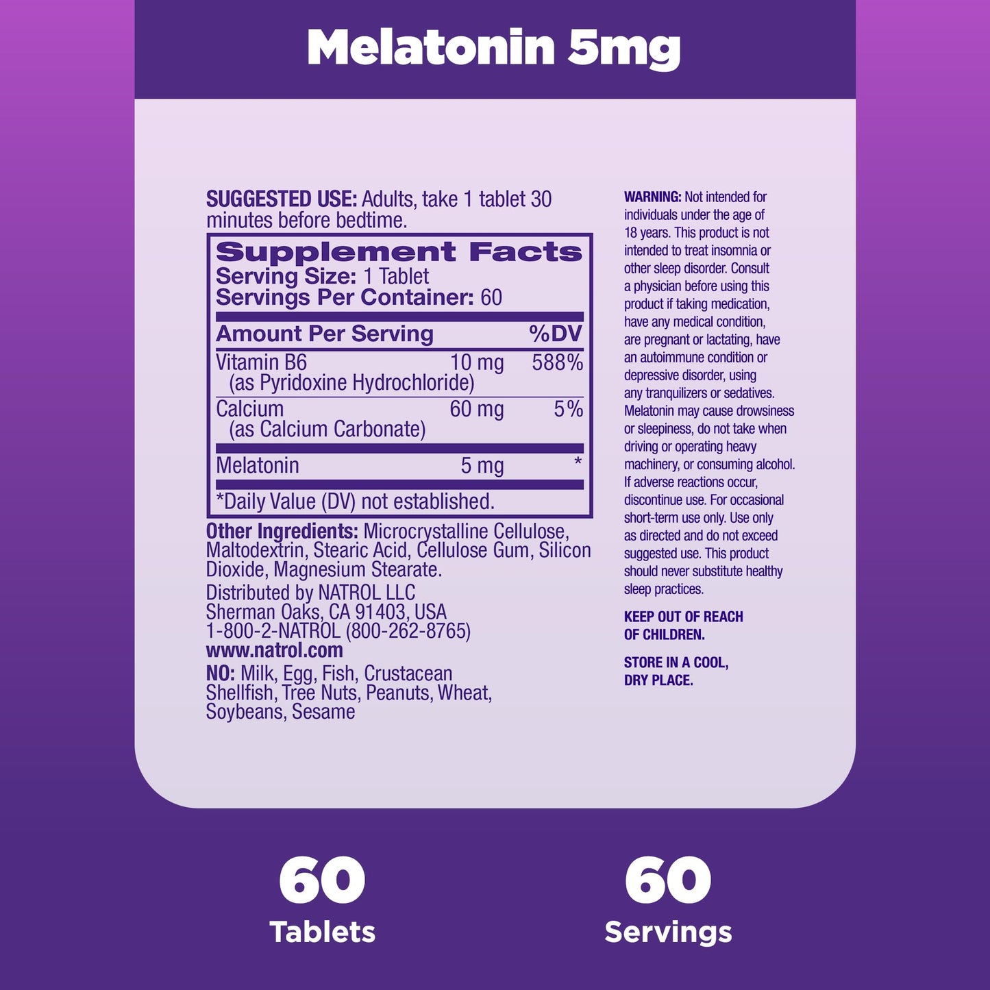 Natrol Melatonin 5 mg, Dietary Supplement for Restful Sleep, Sleep Supplements for Adults, 60 Melatonin Tablets, 60 Day Supply