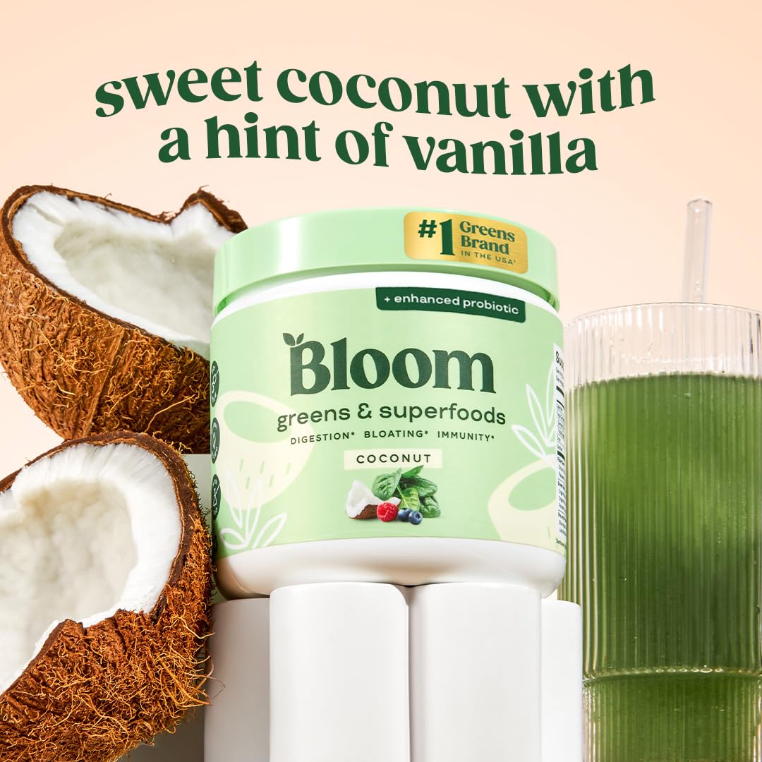 Pre-Order | Arrives in 5–10 Days – 
Bloom Nutrition Superfood Greens Powder, Digestive Enzymes with Probiotics and Prebiotics, Gut Health, Bloating Relief for Women, Chlorella, Green Juice Mix with Beet Root Powder, 30 SVG, Coconut