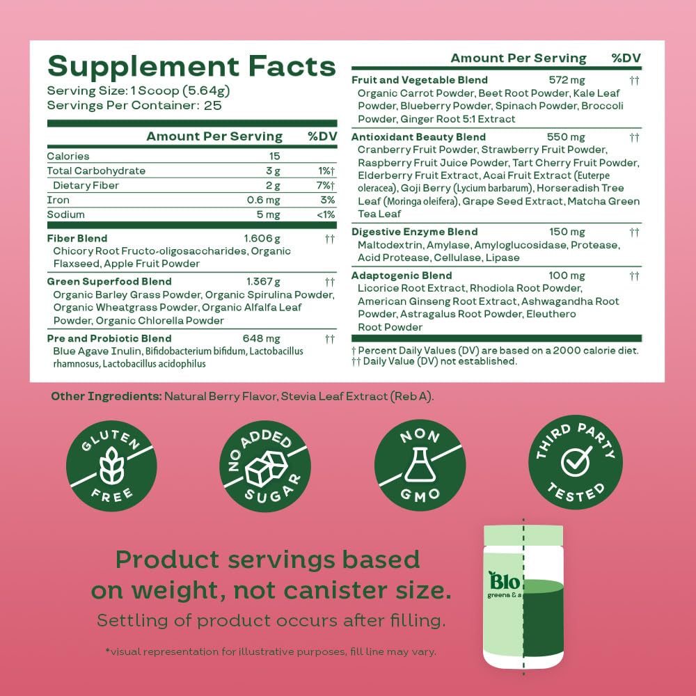 Pre-Order | Arrives in 5–10 Days – 
Bloom Nutrition Superfood Greens Powder, Digestive Enzymes with Probiotics and Prebiotics, Gut Health, Bloating Relief for Women, Chlorella, Green Juice Mix with Beet Root Powder, 25 SVG, Berry