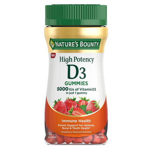 Nature's Bounty Vitamin D 5000 IU Gummies, Vitamin D3 High Potency Immune Support & Bone Health Supplement, 5000 IU in 1 Gummy, Strawberry Flavor, 2 Month Supply, 60 Vegetarian Gummies for Adults
