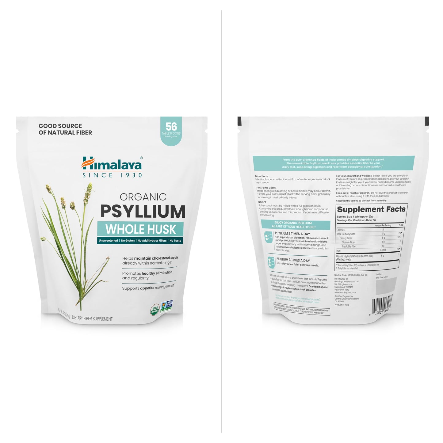 Himalaya Organic Psyllium Whole Husk, Natural Daily Fiber Supplement, Regularity, Appetite Management, USDA Certified Organic, Non-GMO, 56-Tablespoon Supply, Unflavored, 12 Oz