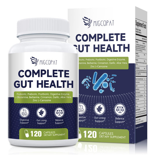 Migcopat Probiotic Prebiotic, Postbiotic & Digestive Enzymes for Digestive Health, 80 Billion CFU Probiotics Complete Gut Support with Berberine, Cinnamon, L-Glutamine, for Men & Women, 120 Capsules