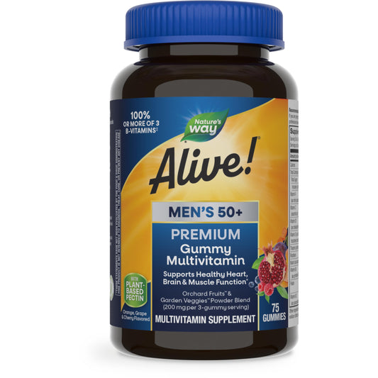 Nature’s Way Alive! Men’s 50+ Premium Gummy Multivitamin, Supports Healthy Heart, Brain & Muscle Function*, B-Vitamins, Vegetarian, Grape, Orange and Cherry Flavored, 75 Gummies