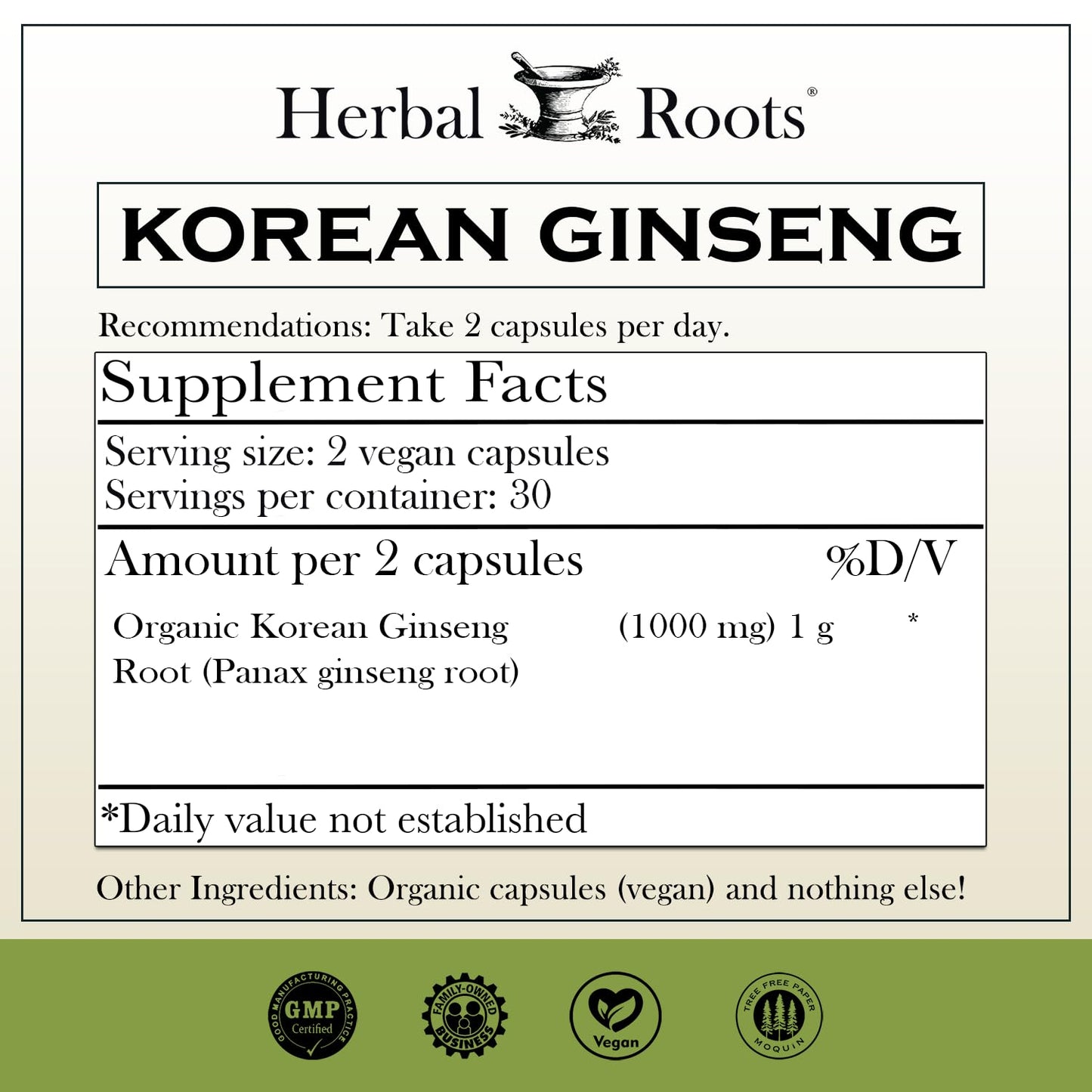 Herbal Roots Panax Ginseng | Organic Korean Ginseng Root Powder | 1000mg | High Ginsenosides for Energy & Performance | 60 Vegan Capsules