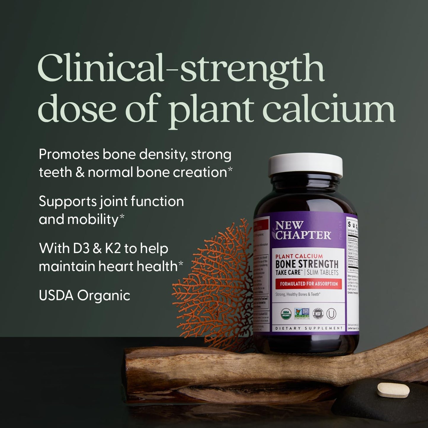 New Chapter Calcium Supplement - Bone Strength Organic Calcium with Magnesium, Vitamin D3+K2, 70+ Trace Minerals for Bone Health, Gluten Free, Easy to Swallow Slim Tablets - 120 Count