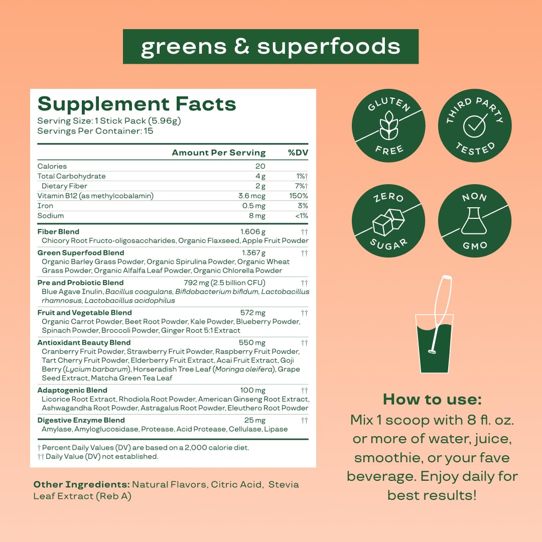 Pre-Order | Arrives in 5–10 Days – 
Bloom Nutrition Greens and Superfoods Powder Packets for Digestive Health, Greens Powder, Digestive Enzymes, Probiotics, Spirulina, Chlorella for Bloating & Gut Support, 15 Stick, Peach