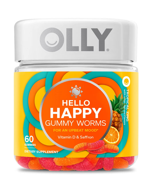 OLLY Hello Happy Gummy Worms, Mood Balance Support, Vitamin D, Saffron, Adult Chewable Supplement, Tropical Zing - 60 Count