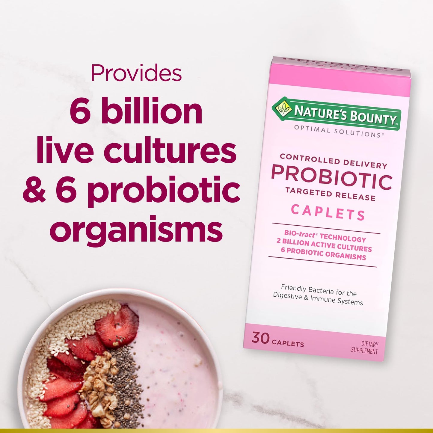 Nature's Bounty Probiotic, Controlled Delivery Dietary Supplement, Supports Digestive, Intestinal and Immune Health, 30 Caplets