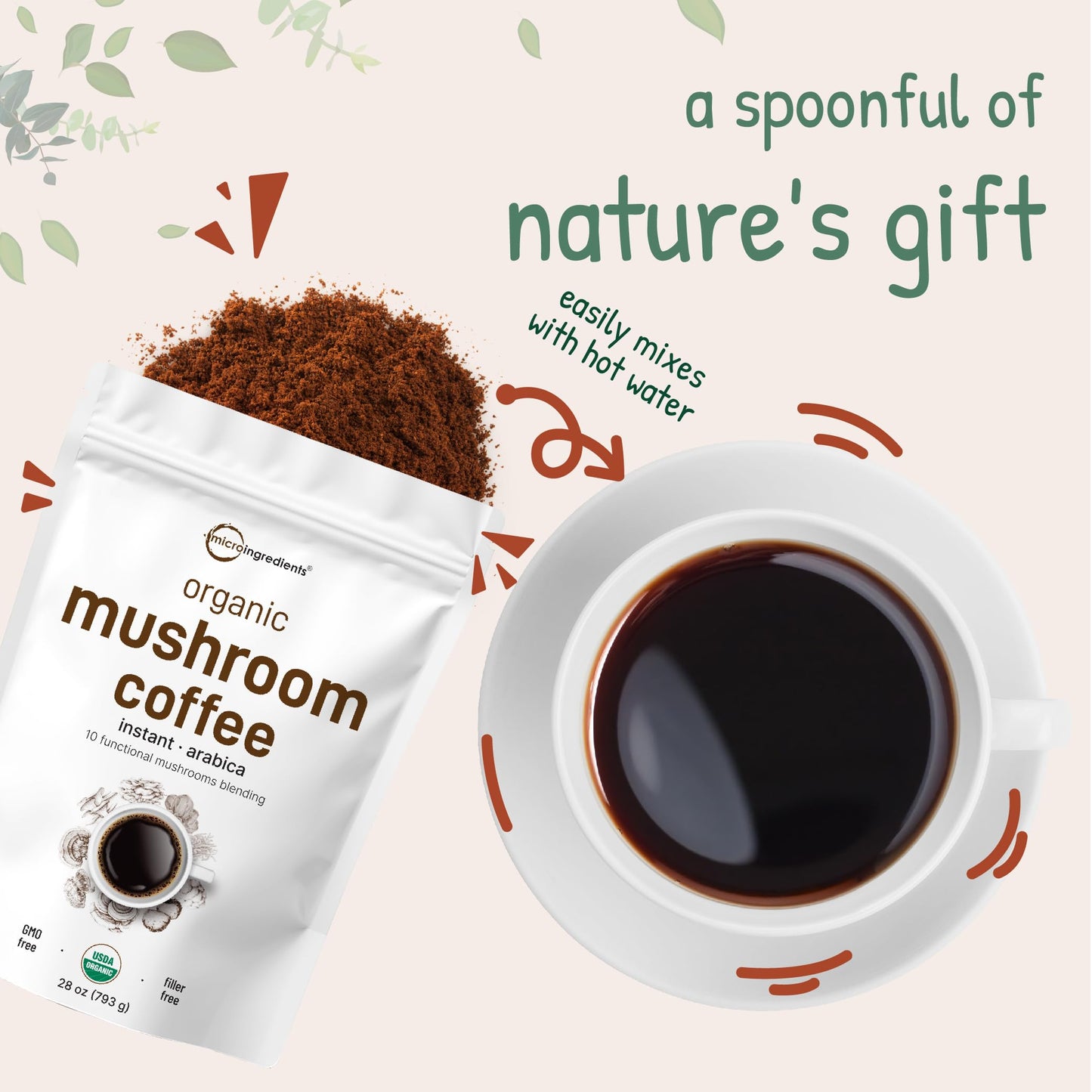 Pre-Order | Arrives in 5–10 Days – Organic Instant 10 in 1 Mushroom Coffee Powder, 28 Ounce (317 Servings) | Weight & Immune Support | Premium Arabica Coffee with Lion’s Mane, Chaga, Reishi,& More