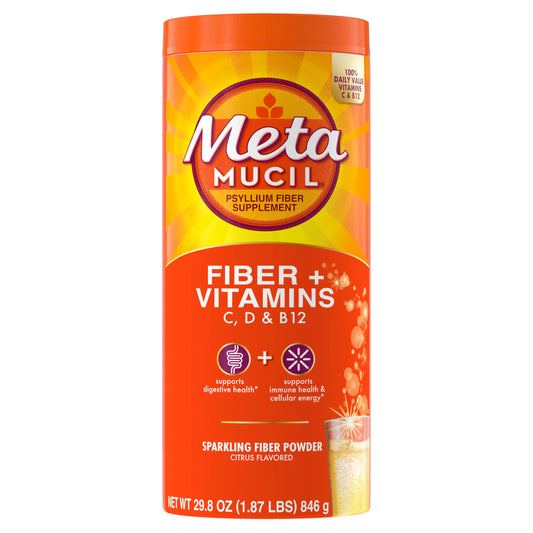 Metamucil Sparkling Fiber Supplement + Vitamins, Plant Based Psyllium Fiber Powder with Vitamins C, D & B12, Daily Supplement for Regularity + Metabolism, Citrus Flavored, Sugar-Free, 90 Servings