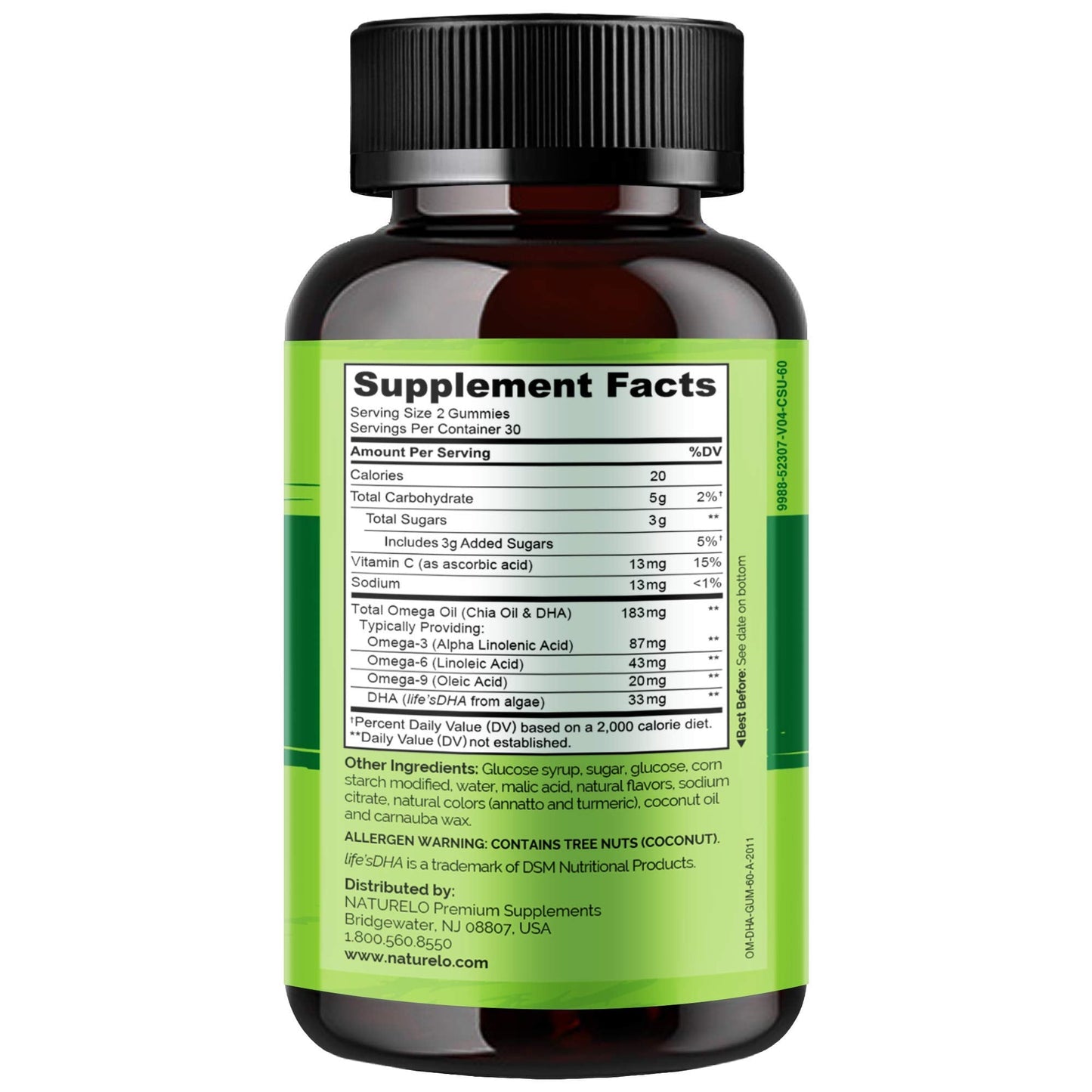 NATURELO Vegetarian DHA and Omega 3 Supplement from Algae and Chia Seed Oil for Heart, Brain and Joint Health - No Fish, Gelatin, or Artificial Sweeteners - 60 Gummies