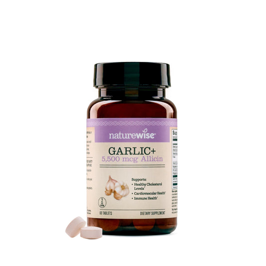 NatureWise Garlic Extract Supplement - Healthy Cholesterol & Blood Pressure Formula + B Vitamins, C, 5500mcg Allicin - Vegan Tablets w/Enteric Coating, Non-GMO, Gluten-Free, 60 Count [30-Day Supply]