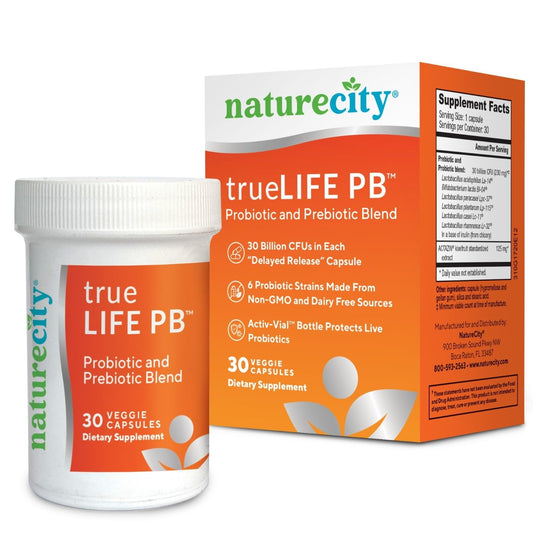 NatureCity True-Life-PB Shelf Stable Blend Prebiotics and Probiotics for Women and Men - Digestive Gut Health Supplements for Women and Men - Dairy Free - (30 Veggie Capsules)