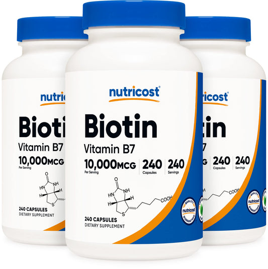 Nutricost Biotin (Vitamin B7) 10,000mcg, 240 Caps (3 Bottles) - Non-GMO, Gluten Free