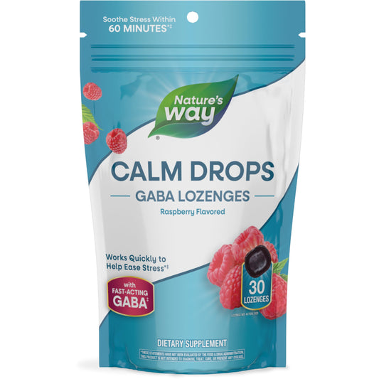 Nature's Way Calm Drops, Works Quickly to Help Ease Stress*(1), Fast-Acting GABA, Individually Wrapped Lozenges, Raspberry Flavored, 30 Lozenges