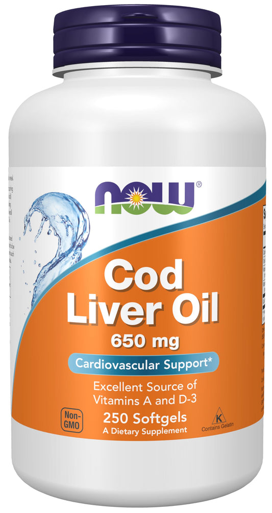 Pre-Order | Arrives in 5–10 Days – NOW Foods Supplements, Cod Liver Oil 650 mg, Excellent Source of Vitamins A and D-3, 250 Softgels