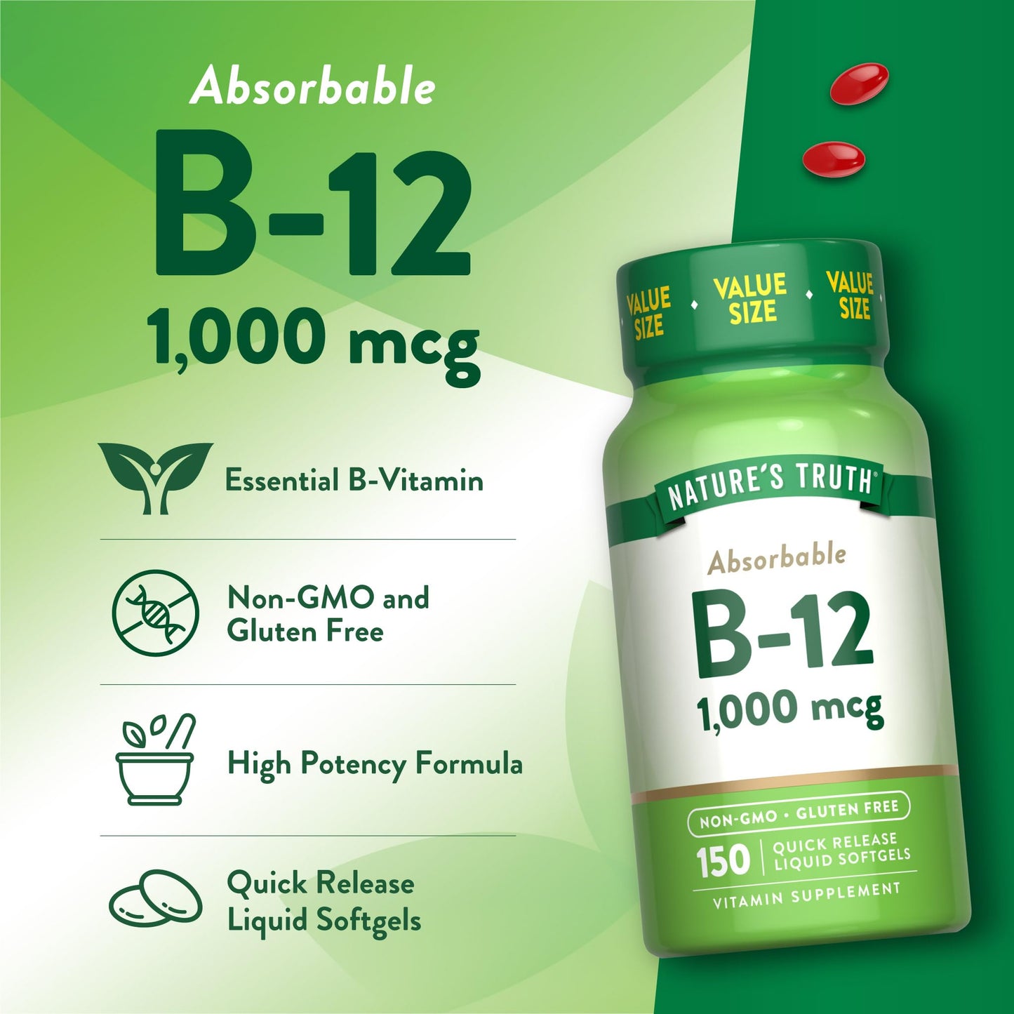 Nature's Truth Vitamin B12 | 1000 mcg | 150 Softgels | Non-GMO & Gluten Free Supplement