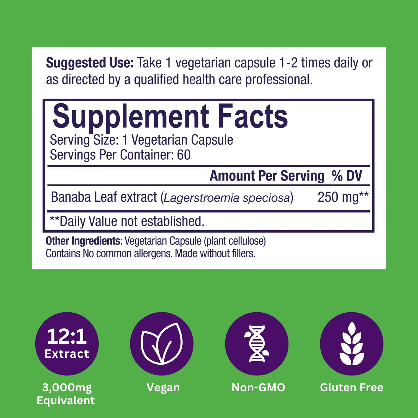 Paradise Herbs, Banaba Leaf, 12:1 Concentrated Extract, 250 mg, Vegan, Gluten-Free, Non-GMO, 60 Capsules