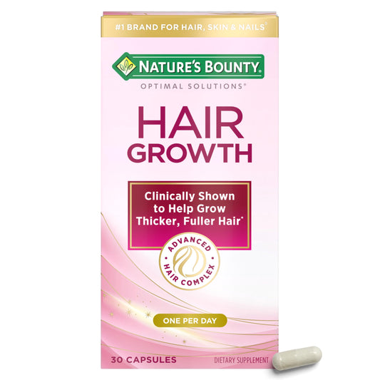 Nature's Bounty Optimal Solutions Hair Growth Supplement, Clinically Shown to Support Thicker, Fuller Hair, With Biotin, Silicon & Arginine, 30 Capsules, One-Month Supply