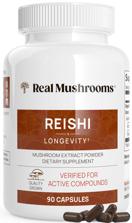 Real Mushrooms Reishi Mushroom Capsules - Handpicked Organic Mushrooms Extracts - Red Reishi for Daily Wellness with Verified Beta Glucans – Vegan Non-GMO Organic Mushroom Complex– 90 ct