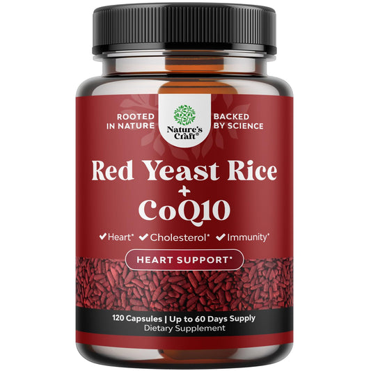 Natures Craft Red Yeast Rice with CoQ10 Supplement - Advanced Healthy Heart Red Rice Yeast for Healthy Cholesterol Levels - Extra Strength Capsule 1200 mg - Vegan & Non-GMO - 120 Count