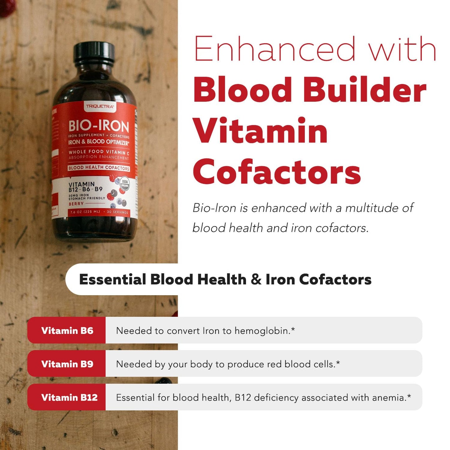 Liquid Iron Supplement | Organic Certified, Berry Flavor - Whole Food Vitamin C Absorption Boost & Blood Building B Vitamins - Methyl B12, L-Methylfolate & B6 - Supports Healthy Iron Levels - 7.6 oz