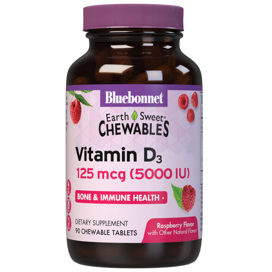 Pre-Order | Arrives in 5–10 Days – Bluebonnet Nutrition Earth Sweet Vitamin D3 5000 IU Chewable Tablets, Aids in Muscle & Skeletal Growth, Non GMO, Gluten & Soy & Milk Free, Kosher, Raspberry, White, 90 Count