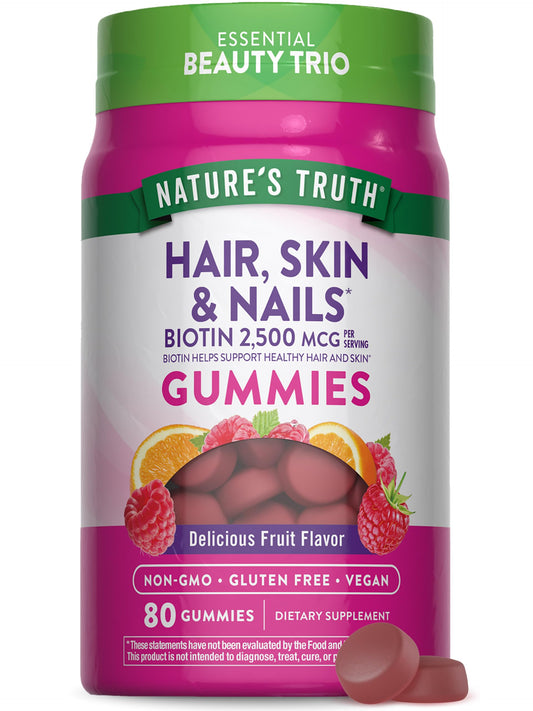 Nature's Truth Hair Skin and Nails Gummies | 80 Count | 2500mcg of Biotin | Vegan, Non-GMO, Gluten Free Supplement | Vitamin for Women & Men