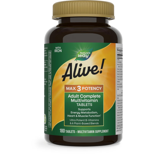 Nature's Way Alive! Max3 Potency Adult Complete Multivitamin, Ultra Potency B-vitamins to Support Energy Metabolism*, with Methylated B12 and Folate, 180 Tablets