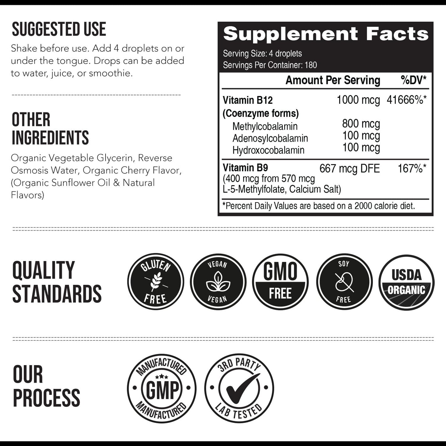BioActive Vitamin B12 1000 mcg | Contains 3 BioActive Forms B12 Plus Methylfolate Cofactor - Methyl B12, Adenosyl B12 & Hydroxy B12 | Sublingual Form, Cherry Flavor, Organic, Vegan (180 Servings)