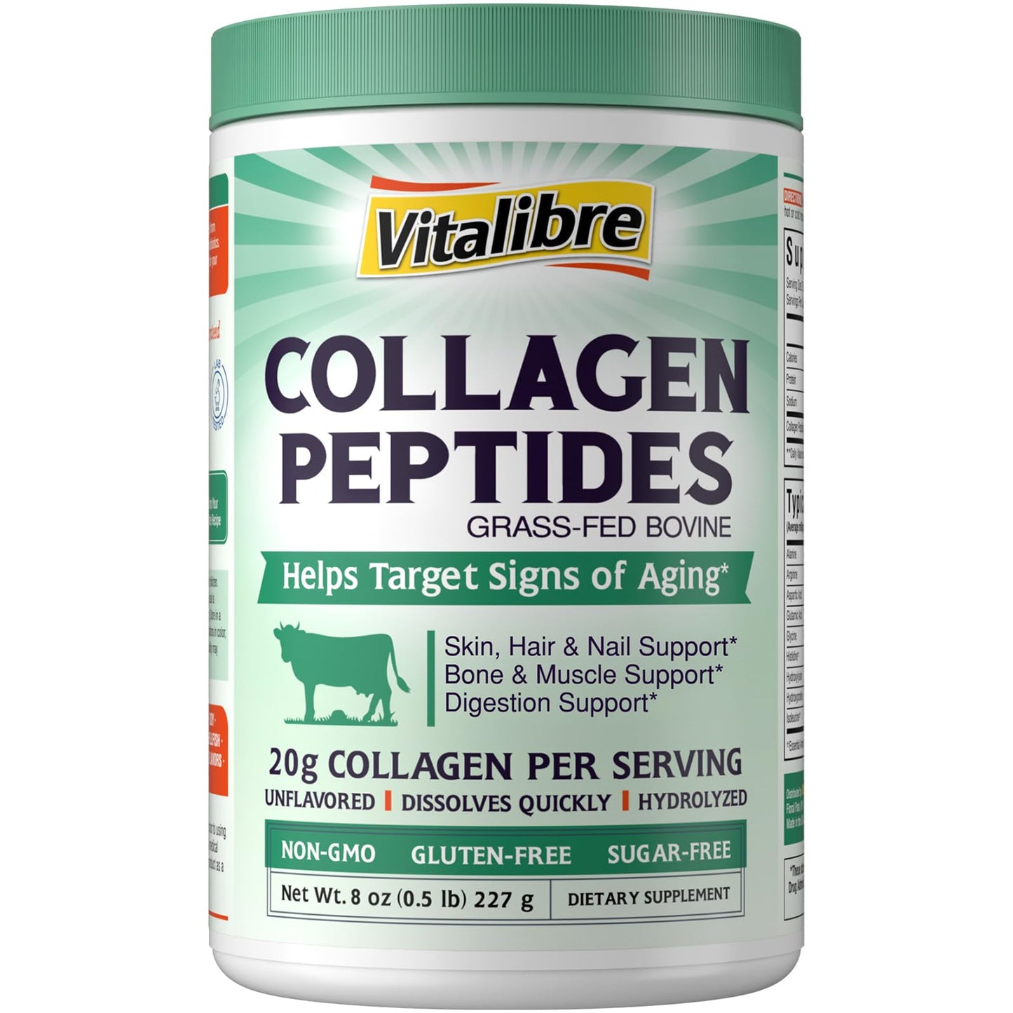 Vitalibre Bovine Collagen Peptides Powder for Women and Men, Grass-Fed Hydrolyzed Collagen Protein Type I & III, Skin, Hair, Nails, Bones, Digestion, Unflavored, Non-GMO, Keto & GF, 11 Servings, 8oz