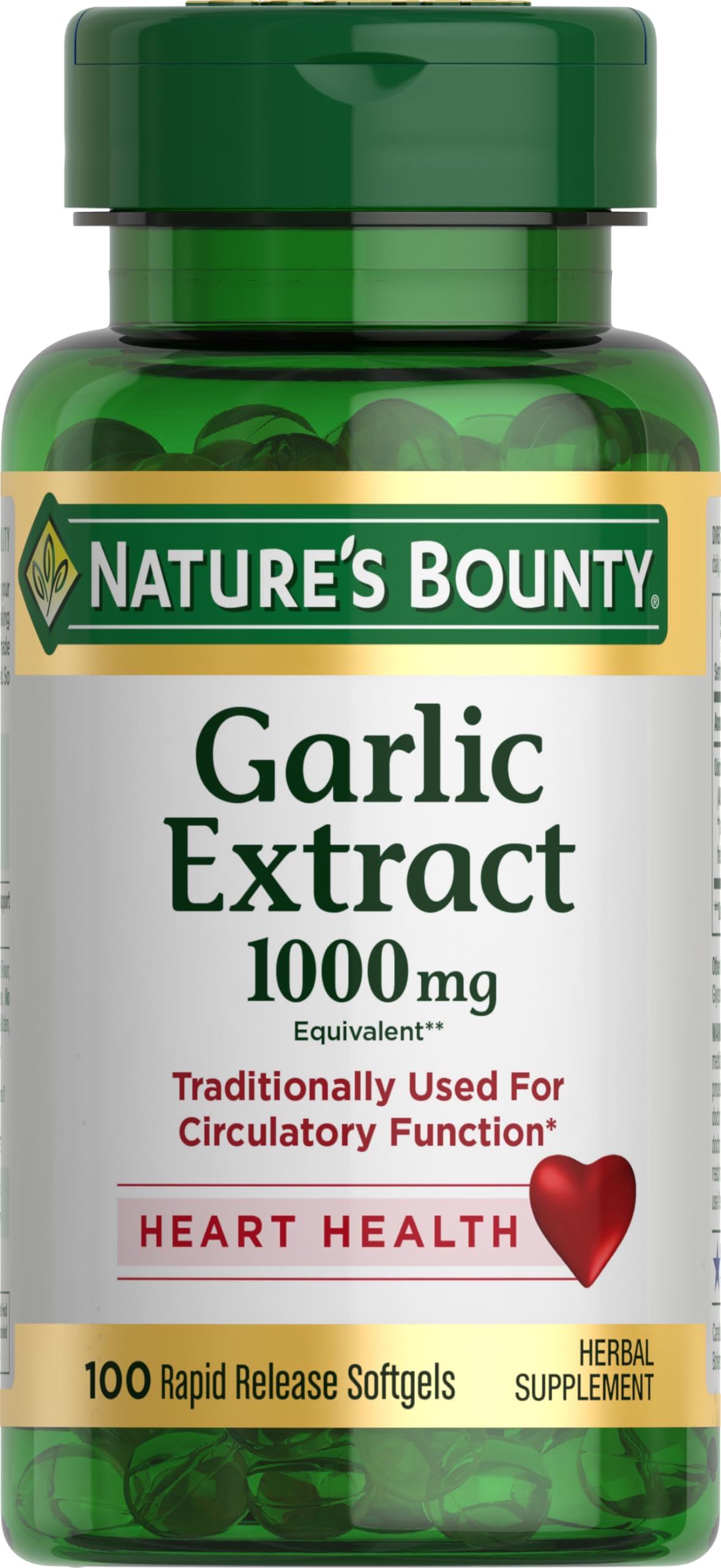 Nature's Bounty Garlic Extract, Herbal Supplement, Supports Circulatory Function, 1000mg, 100 Rapid Release Softgels, Pack of 3