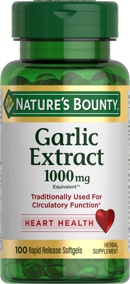 Nature's Bounty Garlic Extract, Herbal Supplement, Supports Circulatory Function, 1000mg, 100 Rapid Release Softgels, Pack of 3