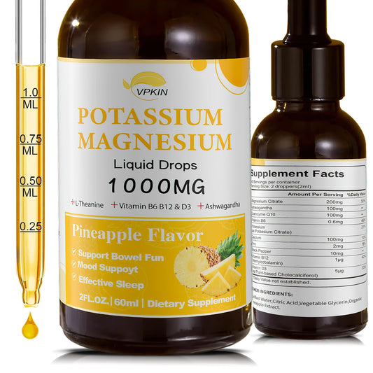 Potassium Magnesium Citrate Supplement,Magnesium Liquid Drops 1000mg with Magnesium Glycinate, Support Calm & Bone & Muscle & Immune Health (Pineapple,2 FL.OZ.)