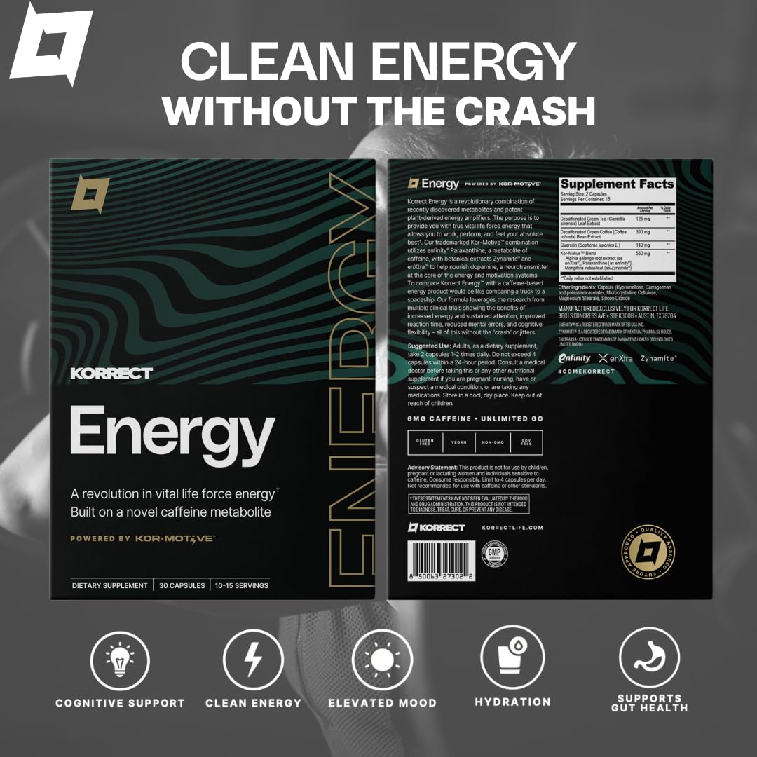 Korrect Clean Energy Supplement for Men & Women | Mental Clarity, Nootropic| Paraxanthine, Sustained Attention| Jitter-Free Stamina |3rd Party Lab Tested, Non-GMO, cGMP Certified 30 Capsules