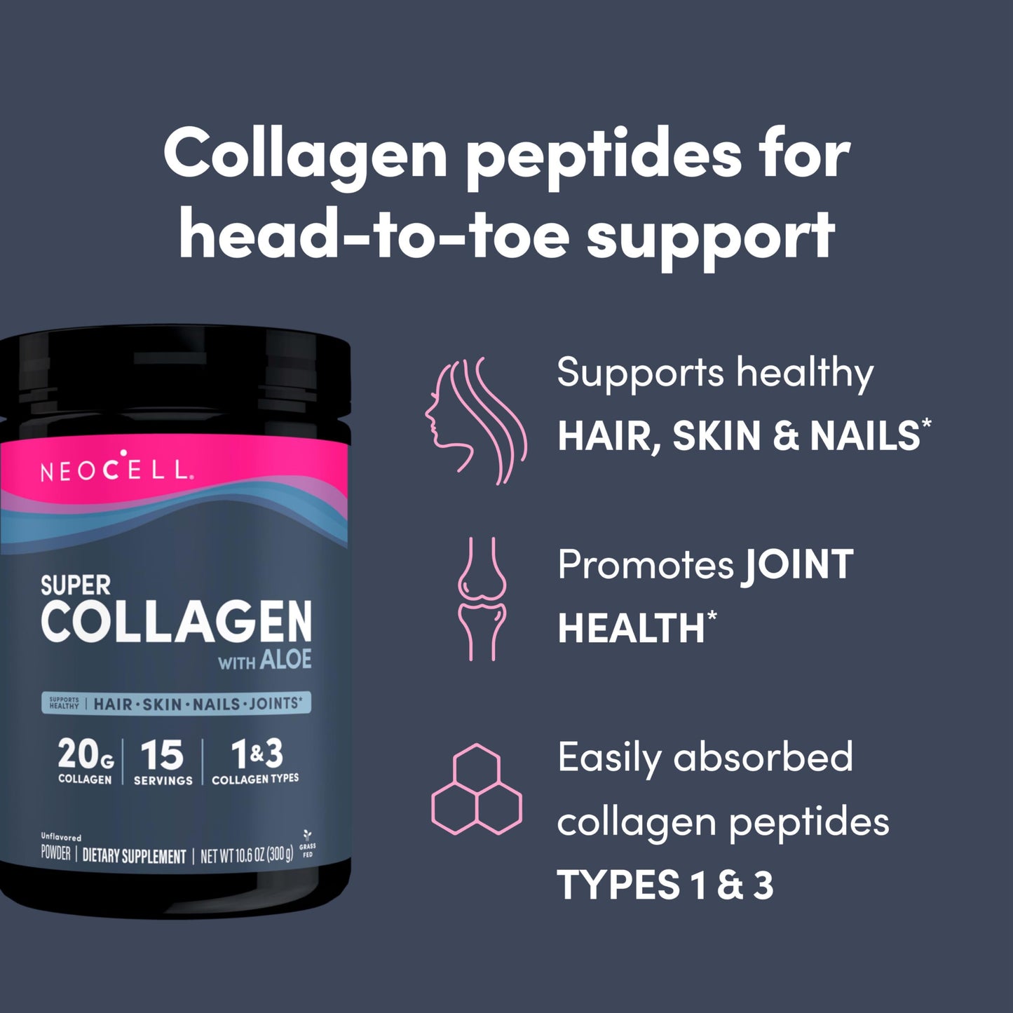 Neocell Super Collagen with Aloe; Collagen Type 1 and 3; Supports Healthy Hair, Skin and Nails; Gluten Free; Unflavored Powder; 10 g Collagen/Serving; 30 Servings; 10.6 Oz,*